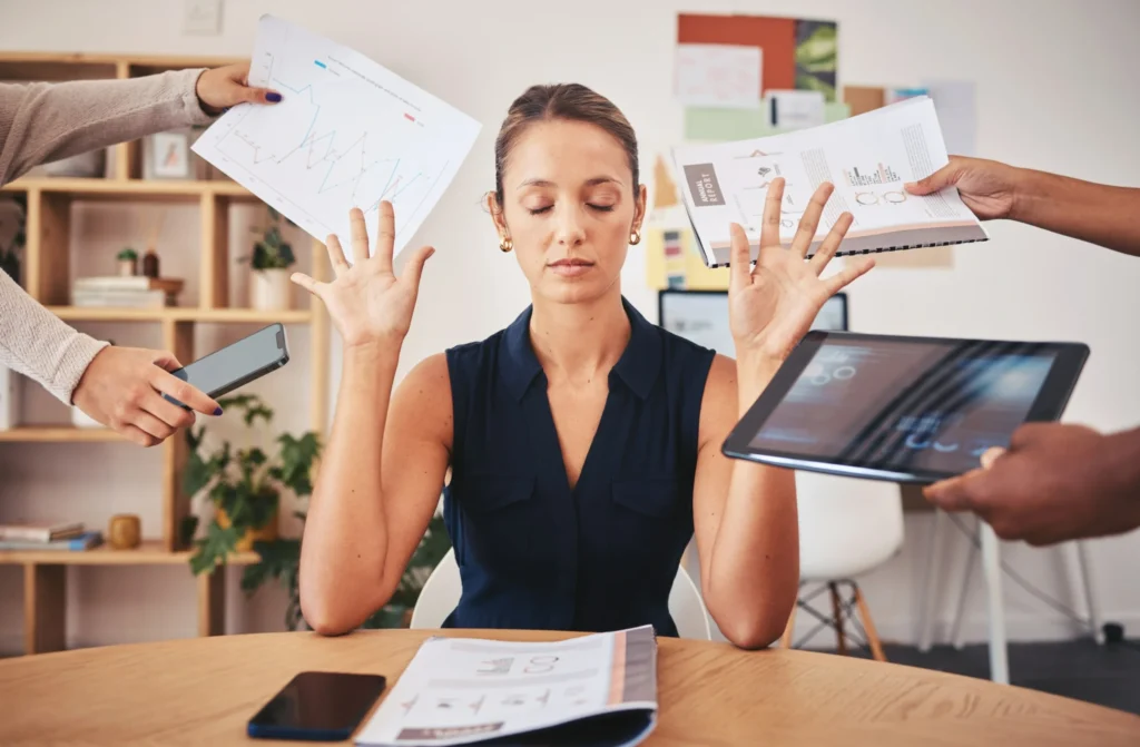 Depression Counseling in Gurgaon 22 burnout stress business woman overworked from too much work overload pressure marketing corporate company time management frustrated tired employee digital agency office building 1 scaled 1