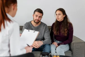 close up people discussing with therapist