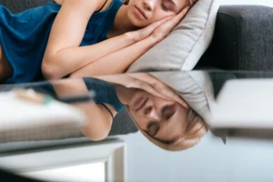exhausted lovely young woman lying sleeping home 1