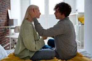 full shot romantic couple home
