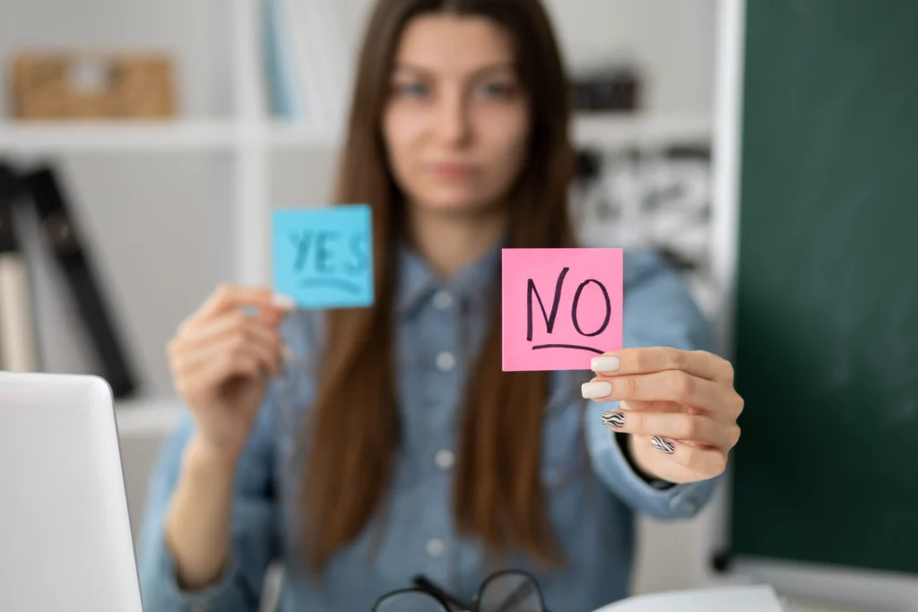 medium shot blurry woman holding post its