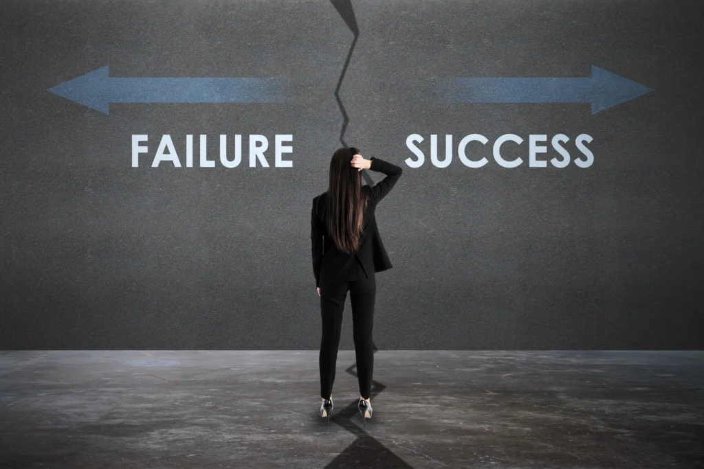 back view young european businesswoman with failure success arrows sketch concrete background direction growth career development success concept
