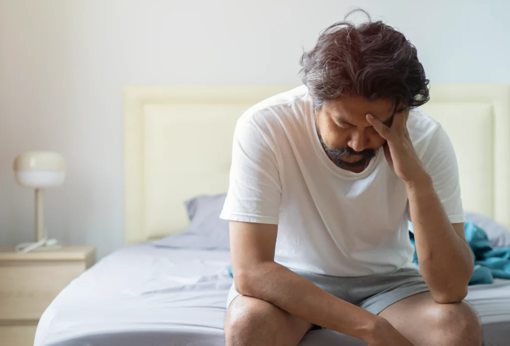 depressed adult asian man sitting bed cannot sleep from insomnia