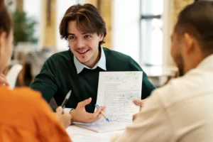 front view smiley man holding paper