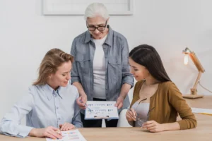 group beautiful women planning together