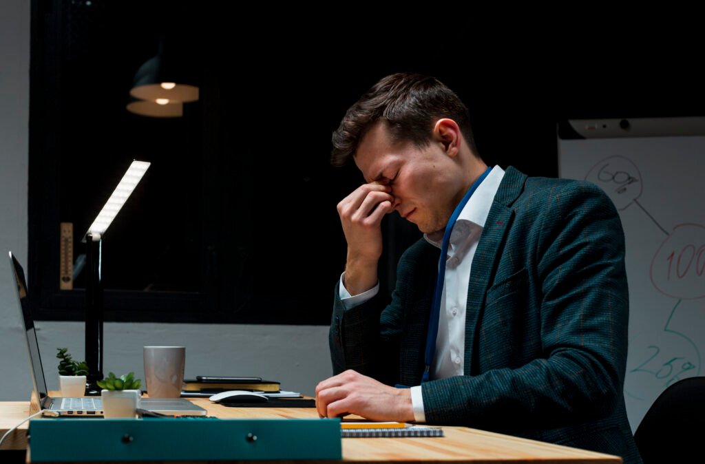 adult professional tired after working night