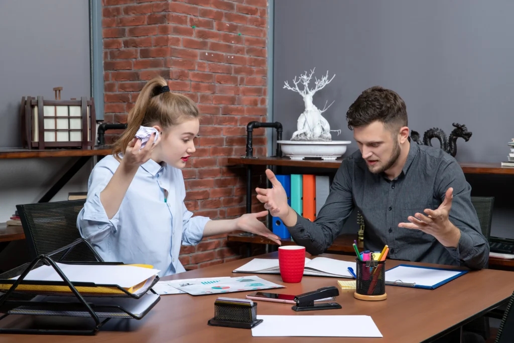 top view young funny office team confused one issue office enviroment