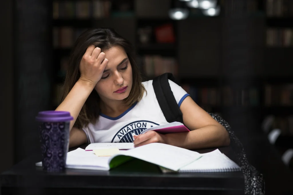girl sitting table with notebooks reading