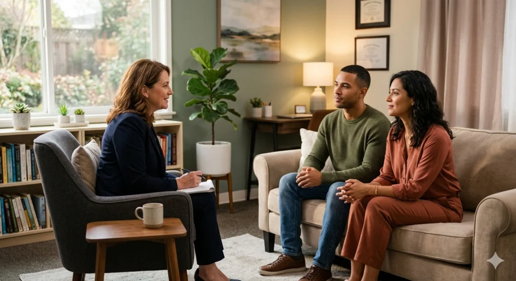 Couple receiving counseling to address performance anxiety and rebuild confidence