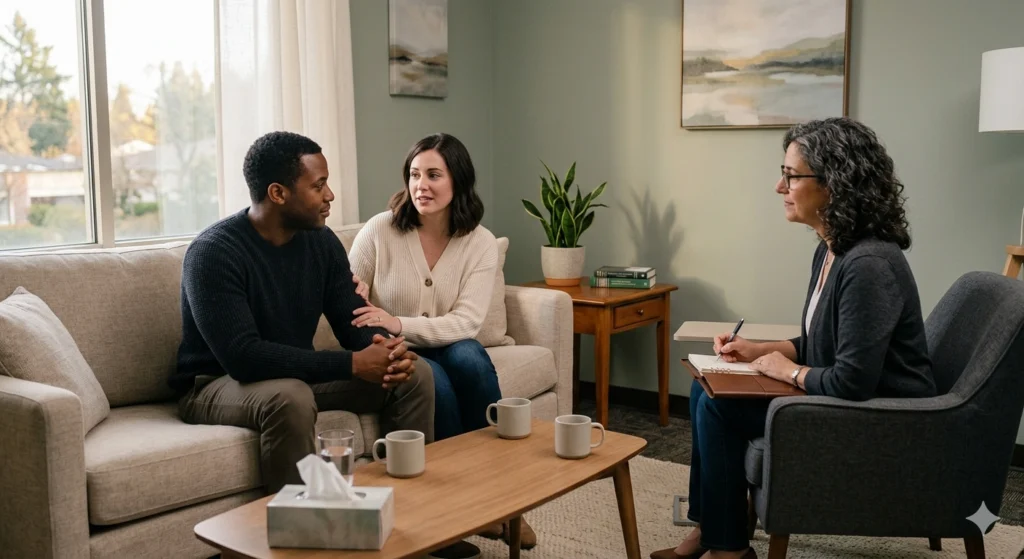 Couple talking to counselor in therapy session about low libido concerns