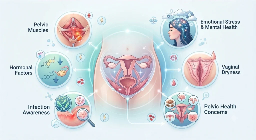 Medical illustration showing common causes associated with vaginismus and dyspareunia.