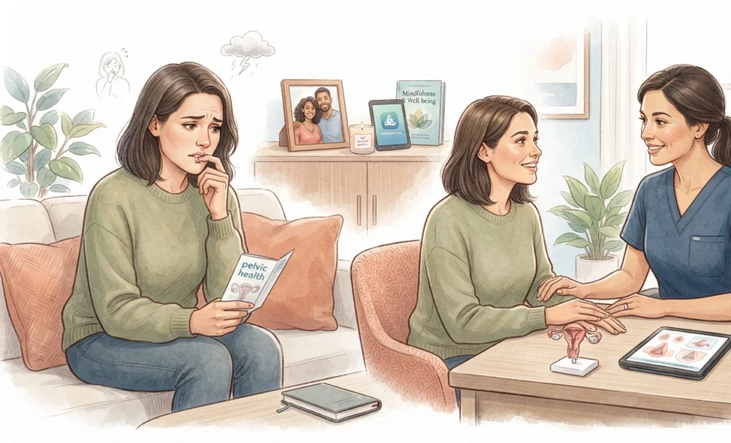 Healthcare illustration showing emotional impact and support for women experiencing painful intercourse.
