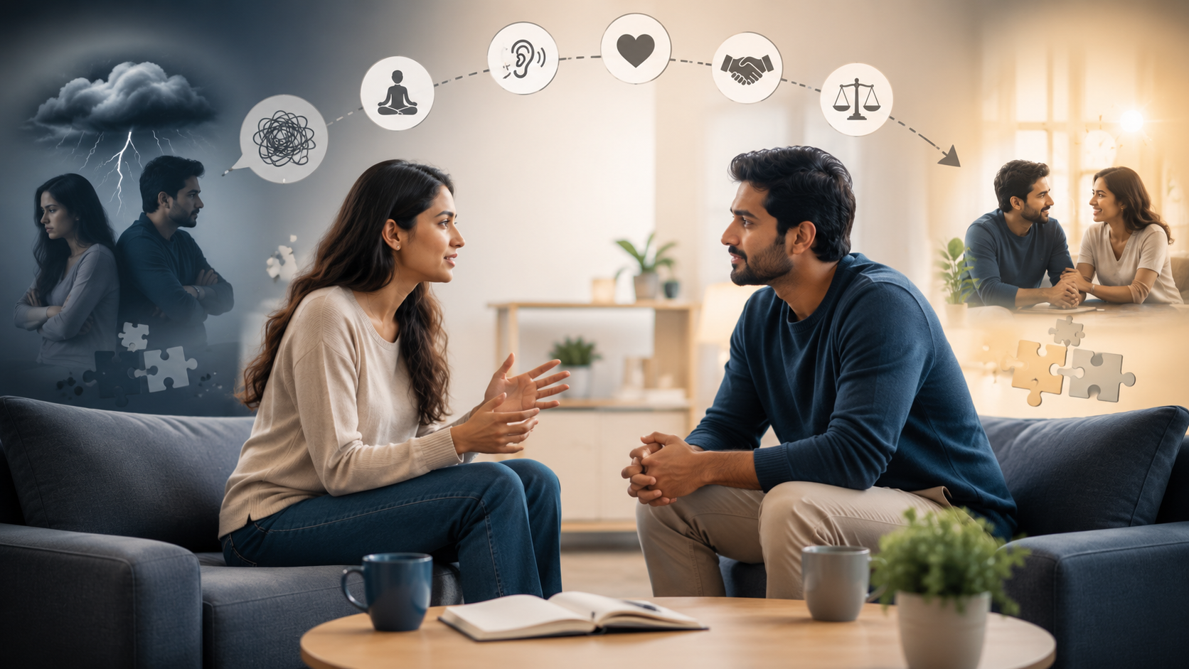Couple practicing healthy communication, active listening, empathy, and conflict resolution.
