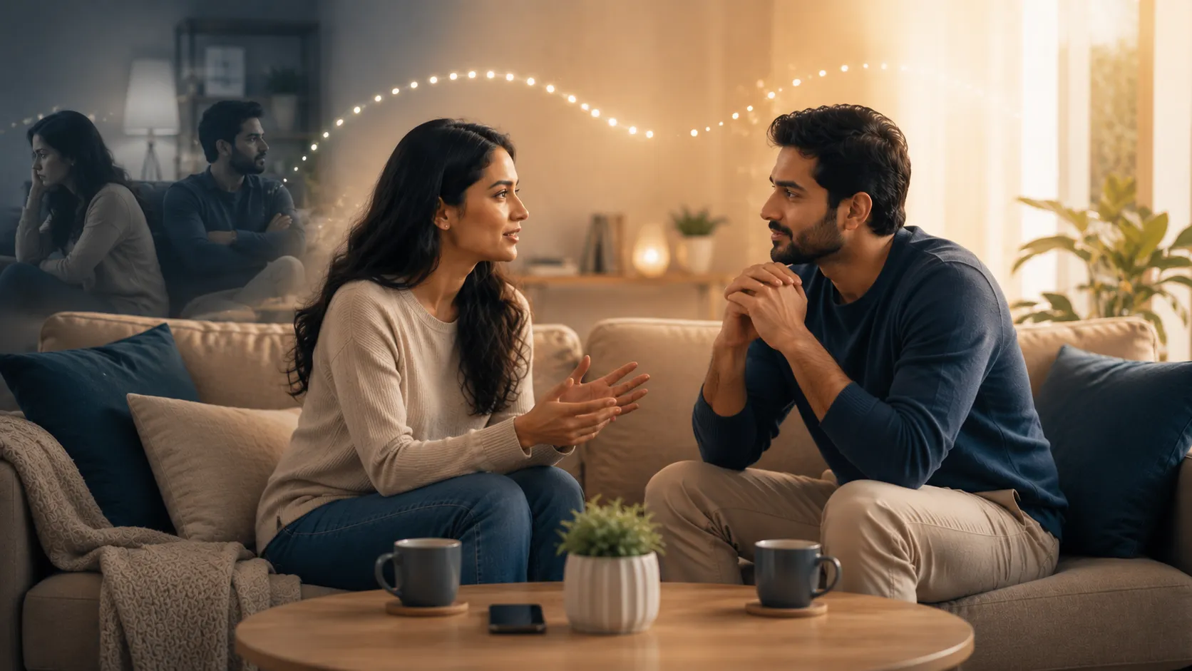 ouple reconnecting through open conversation, active listening, and quality time without distractions.