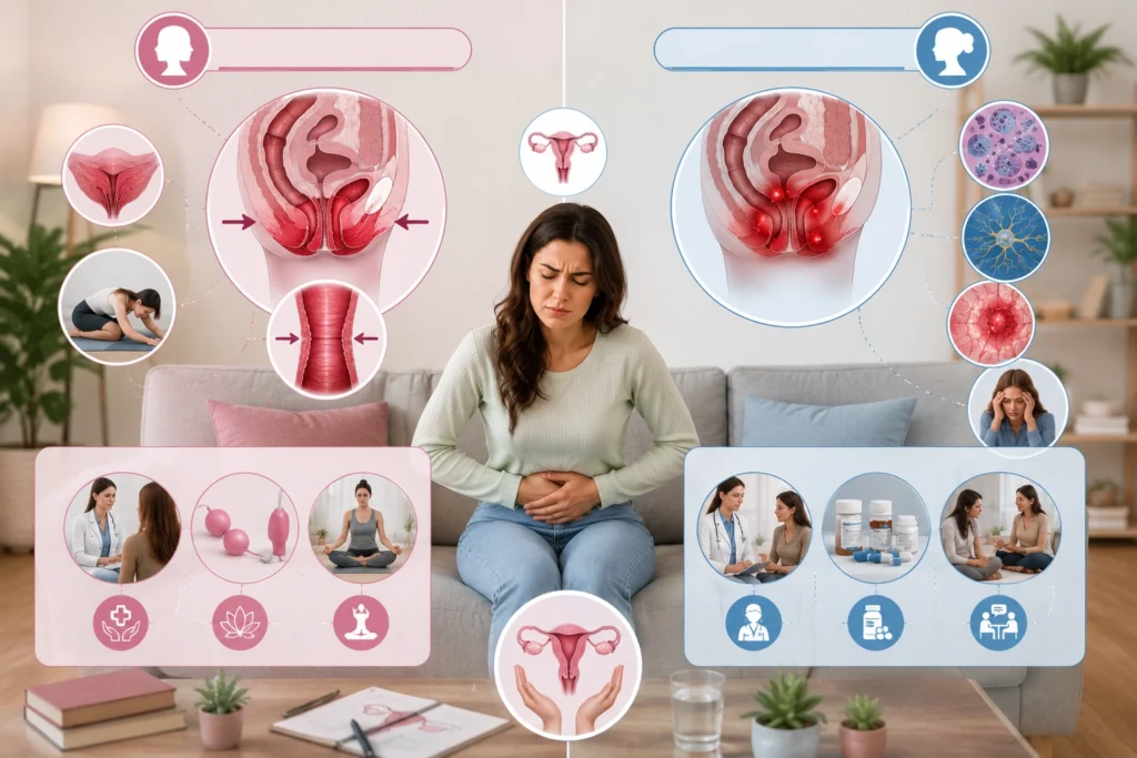 Healthcare comparison illustration explaining the differences between vaginismus and dyspareunia.