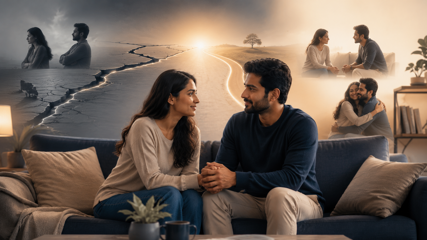 Couple reconnecting after conflict with trust, empathy, emotional healing, and stronger communication.