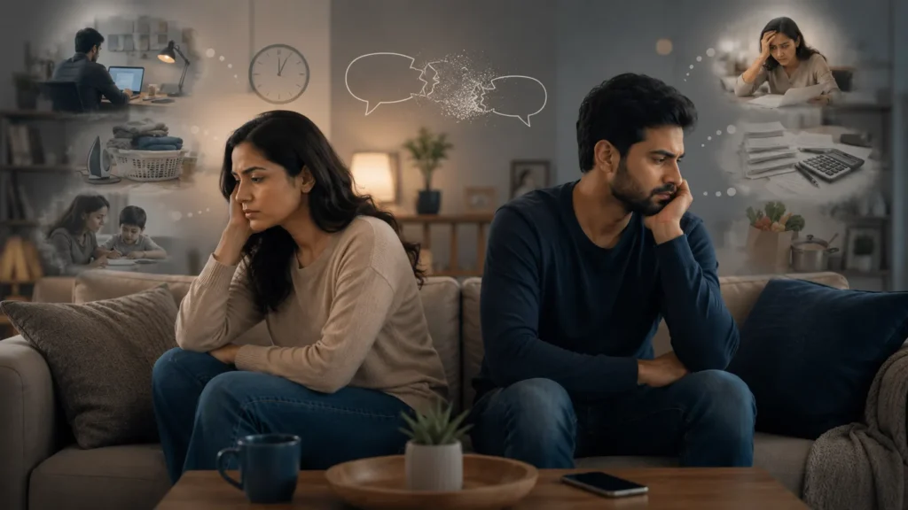 Couples sitting together but emotionally disconnected due to stress, responsibilities, and poor communication.