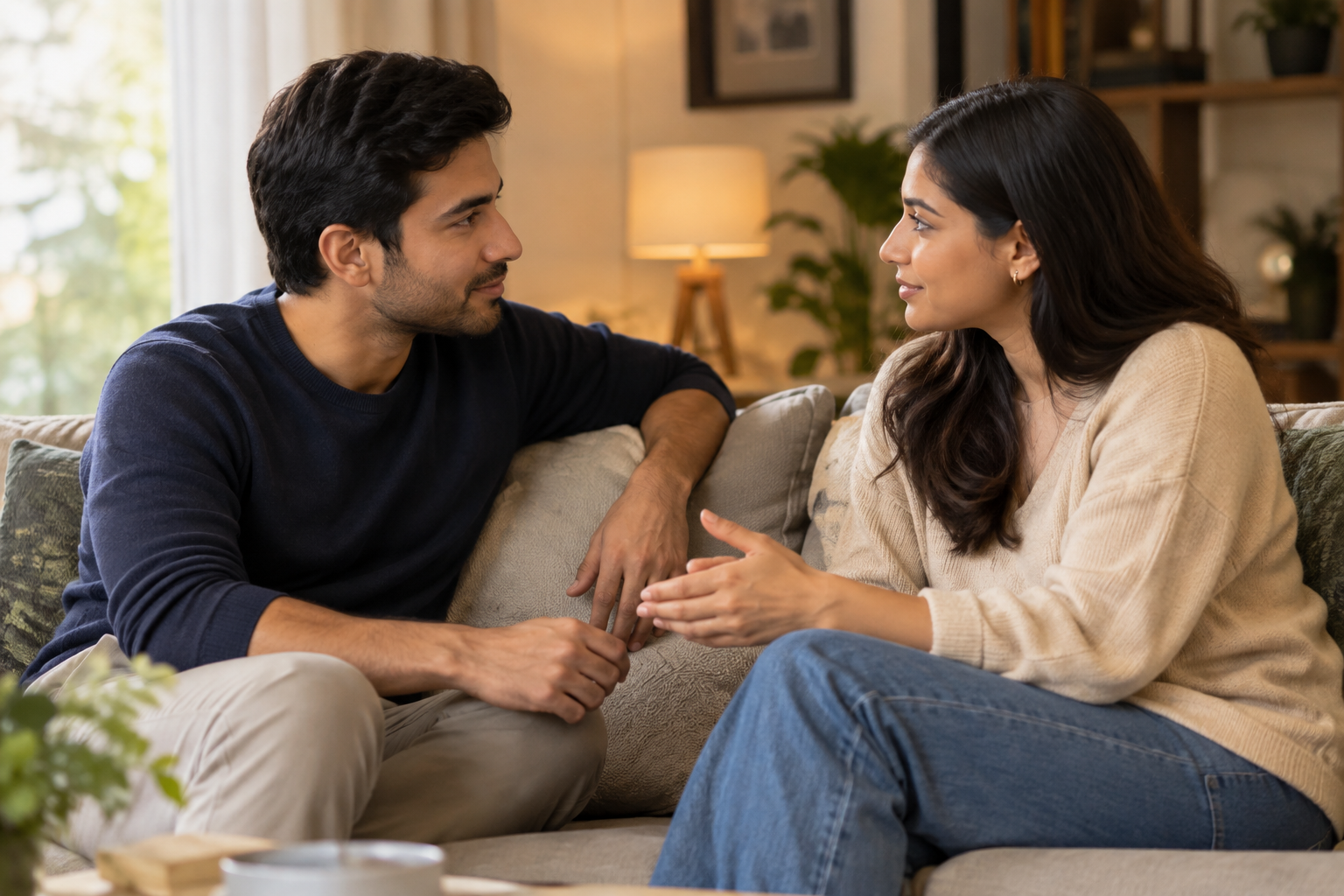 Couple having an open and supportive conversation about their relationship
