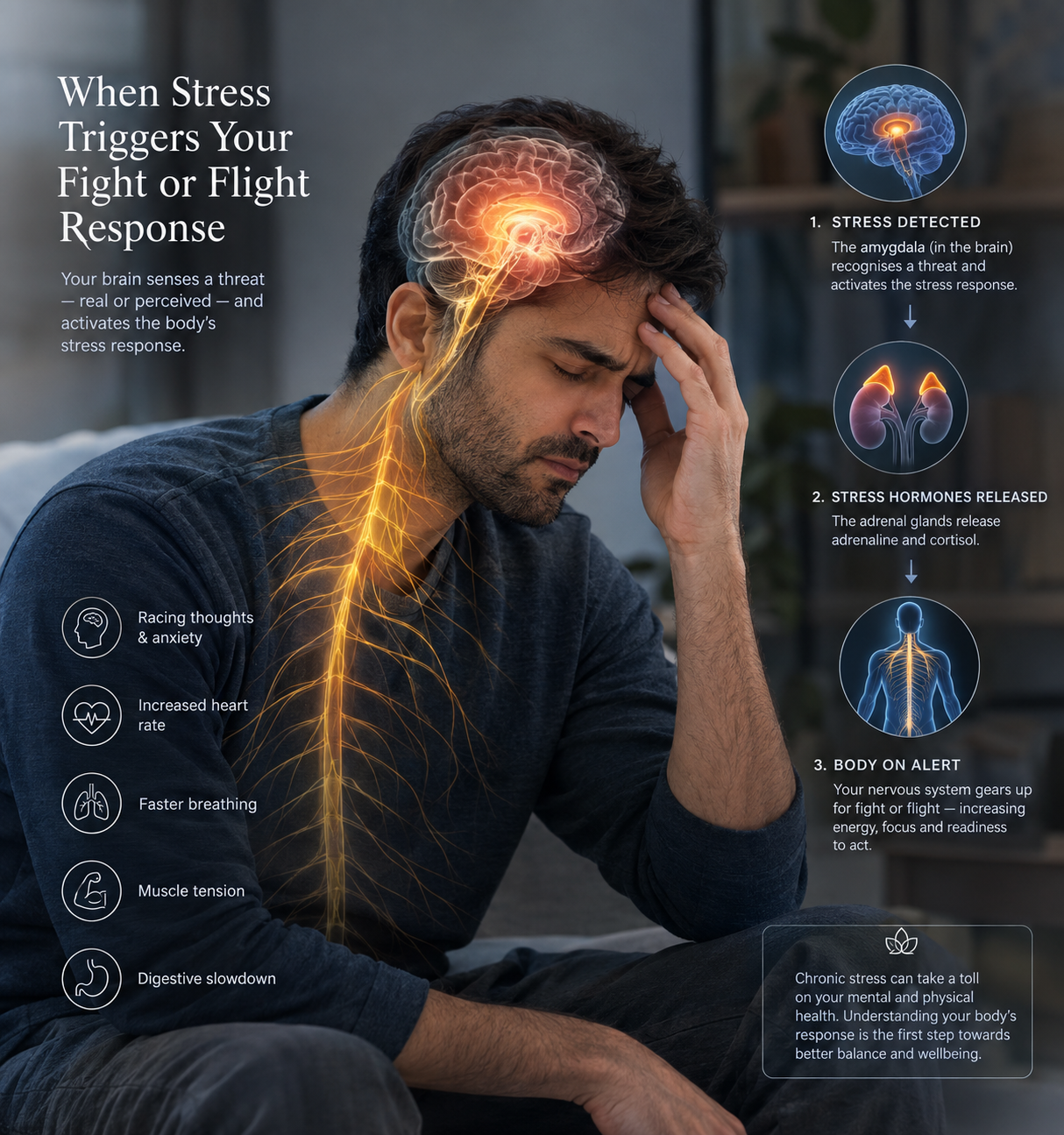 Man experiencing stress with illustration of the nervous system and fight or flight response