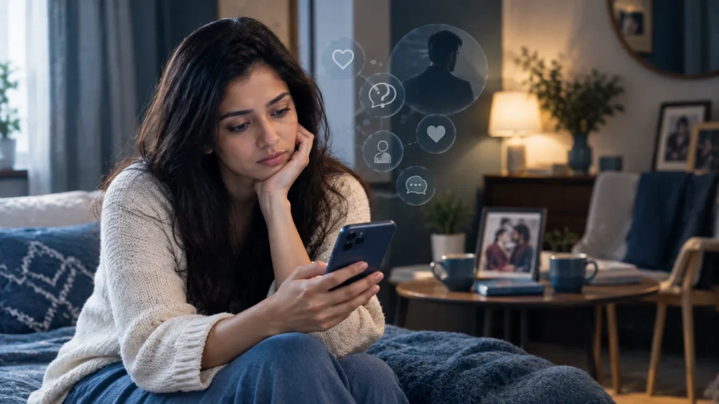 Woman experiencing uncertainty and overthinking in an undefined romantic situationship