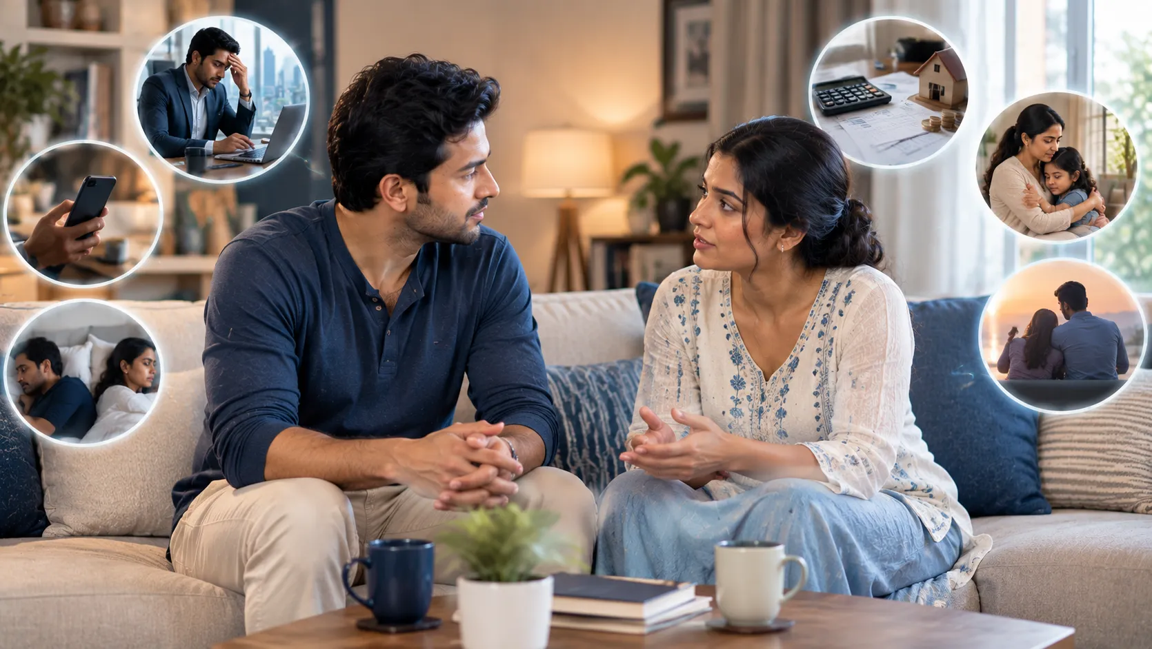 Married couple discussing underlying relationship problems and emotional disconnection