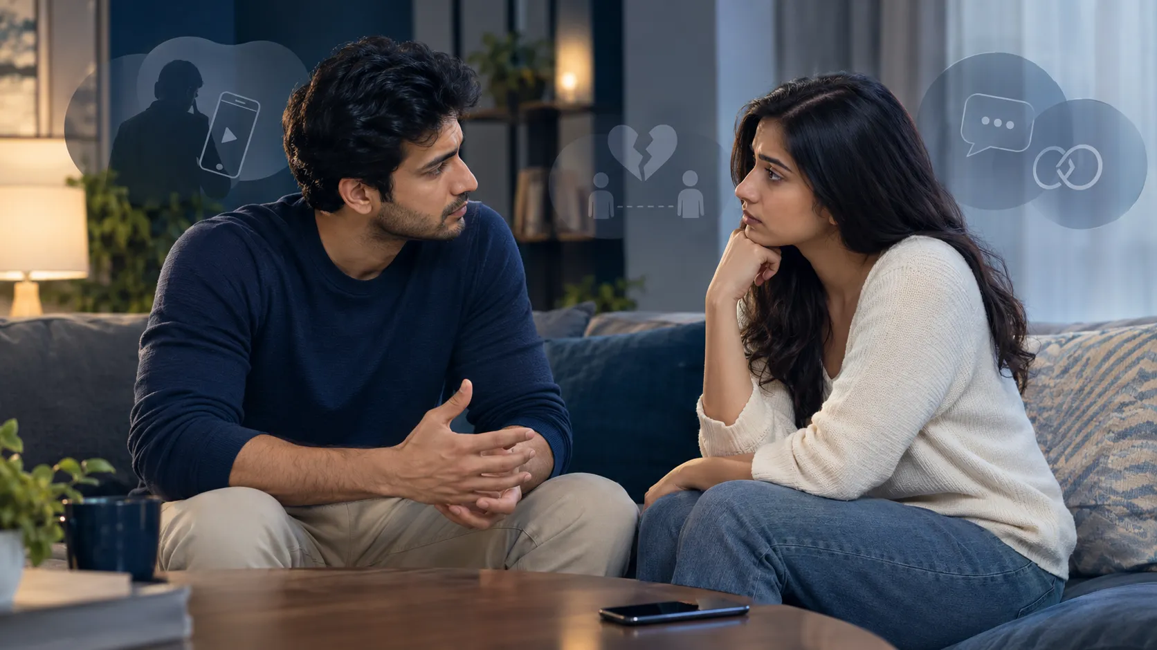 Couple discussing problematic pornography use and its impact on their relationship